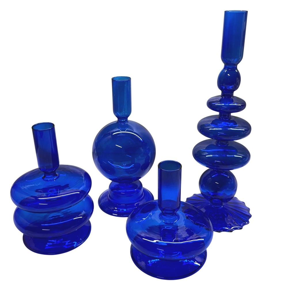 Unbranded Glass Candlestick Holders Unisex OS Blue Excellent Geometric 4pc Set
